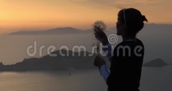 女孩在美丽的日落背景上播撒蒲公英的种子视频的预览图