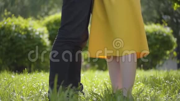 幸福的白种人夫妇在绿泉公园的背景下温柔地拥抱和微笑浪漫消费视频的预览图