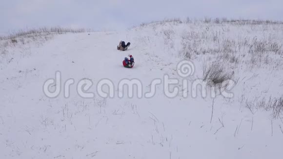 圣诞节期间快乐的孩子们在冬天的公园里从雪山上滑过雪橇慢动作视频的预览图