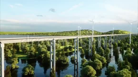 未来派现代列车通过单轨生态未来概念空中自然景观真实感4K视频的预览图