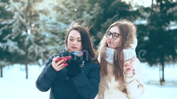 女孩拿着一部红色智能手机在冬天森林的背景上和一个朋友自拍视频的预览图