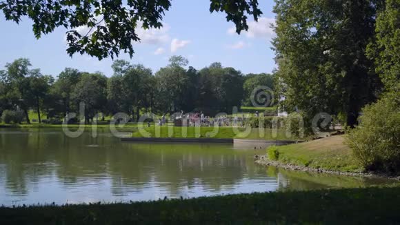游客在亚历山大洛夫斯基公园的一个大池塘岸边散步喂鸭子视频的预览图