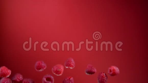 多汁的覆盆子在红色背景上跳跃视频的预览图