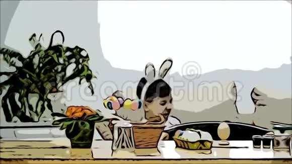 小可爱的男孩躺在沙发上但决定画一个复活节彩蛋男孩和复活节一起坐在桌子旁视频的预览图