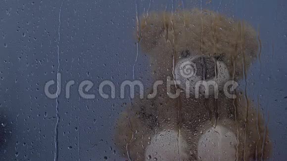 泰迪熊玩具坐在孤儿院的雨窗后水滴在滴视频的预览图