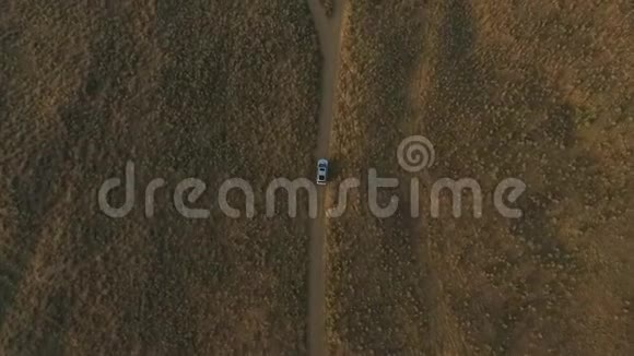 大银色越野车在草原或道路上的田野上俯视视频的预览图