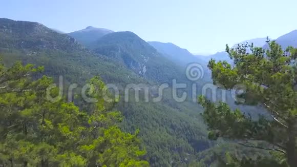 在蓝天背景上飞过被绿色森林覆盖的群山艺术令人叹为观止的青山空中景色视频的预览图