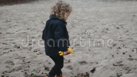 一个小孩子在秋天的沙滩上散步23年拿着一个玩具视频的预览图