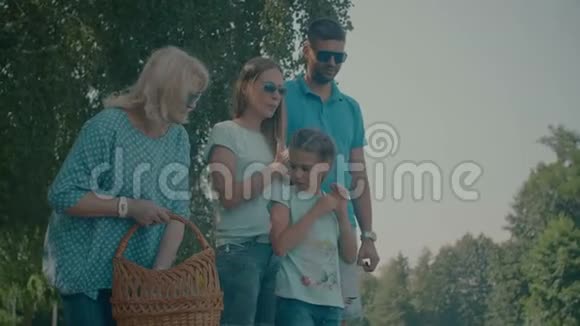 三代家庭在夏季公园喂鸭视频的预览图