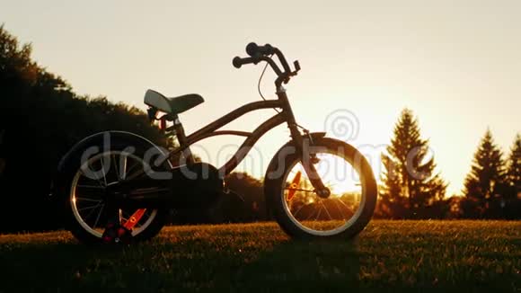 孩子们自行车站在夕阳背景下的绿色草坪上概念孩子们梦想快乐视频的预览图
