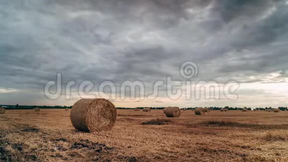 稻草堆在割草的田地上时间流逝视频的预览图