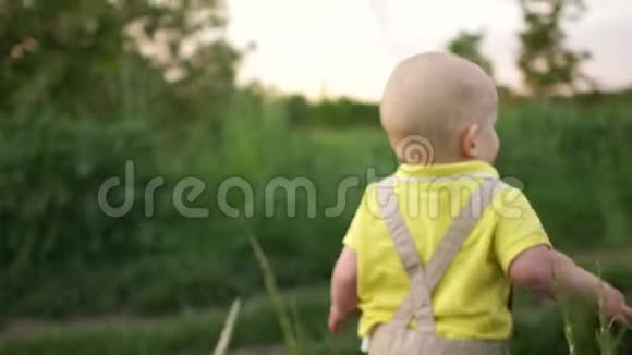 模糊的视频婴儿独自在路上穿过草地孩子和大自然视频的预览图