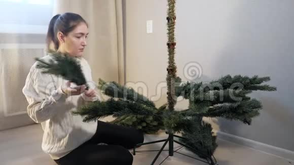 扎马尾辫的女士插人造圣诞树树枝视频的预览图
