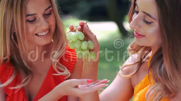 两个女孩夏天在公园吃绿葡萄视频的预览图