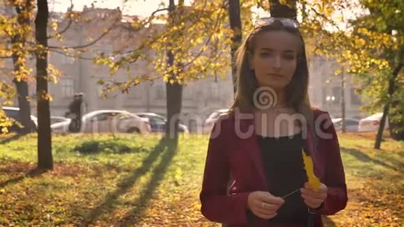 迷人的年轻女性站在公园里拿着黄叶在一个美丽的阳光明媚的镜头里深情地看着视频的预览图