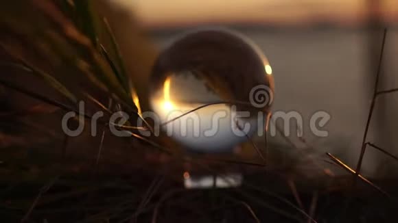 夕阳中的玻璃球在草地上戏剧性地随风飘扬全世界的反思生活方式视频的预览图