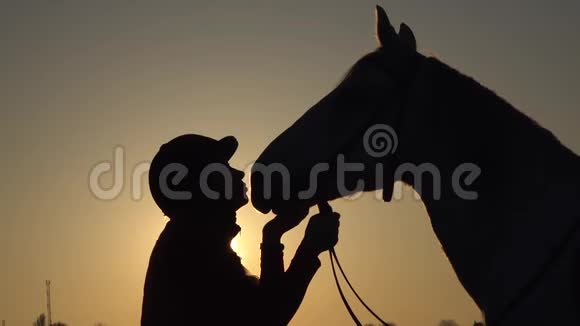 女人在日落时亲吻一匹马剪影慢动作侧视关门视频的预览图