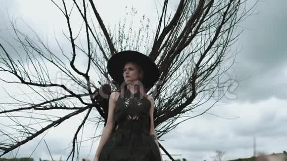 戴着黑帽子的金发美女的肖像女孩站在大干树下视频的预览图
