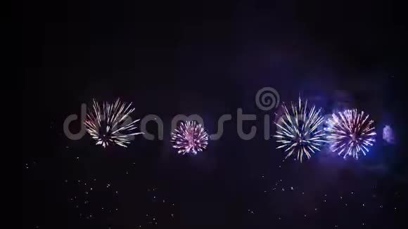 蓝色红色粉红色绿色和金色的耀眼烟花在夜空中视频的预览图