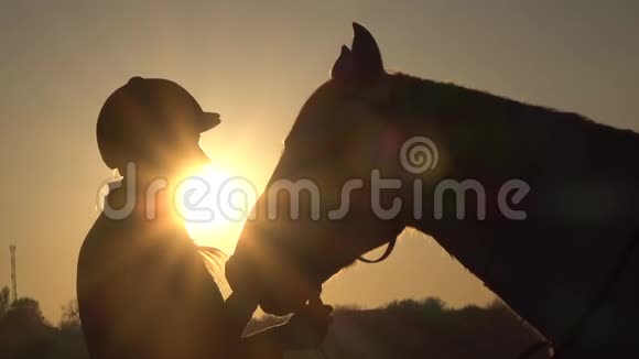 马女在日落时亲吻一匹马剪影慢动作侧视关门视频的预览图