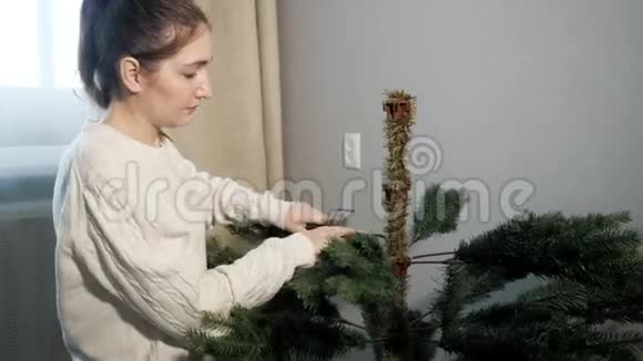扎马尾辫的女士插人造圣诞树树枝视频的预览图
