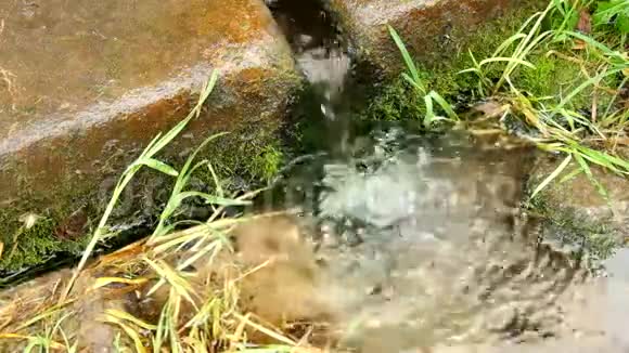 手洗在石质乡村喷泉的清新清澈的水中山的天然饮用水视频的预览图