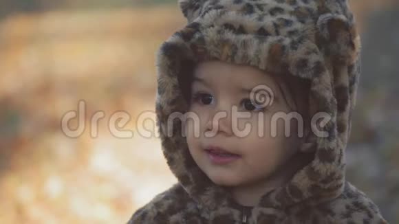 小女孩在寒冷的秋天探索公园视频的预览图