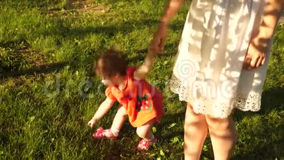 小女儿和妈妈在草坪上散步宝贝牵着妈妈的手眼泪从绿草上流下来孩子们在夏天散步视频的预览图