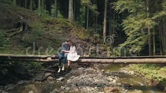 年轻漂亮的一对夫妇坐在公园里小河上的一座桥上夏天的天气从空中射击视频的预览图