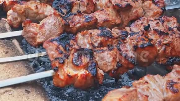 辣串猪肉特写肉块的烤架是用砖烤的院子里用自制的砖烤架视频的预览图