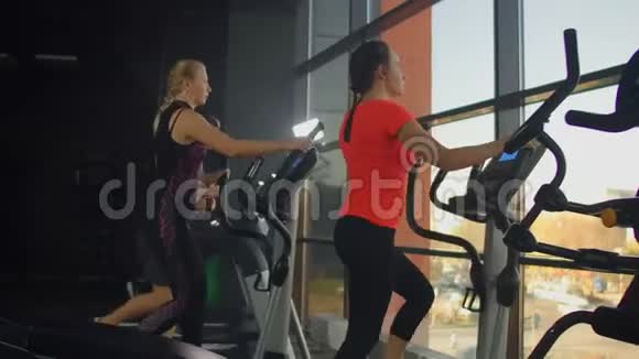 年轻的健康女性在健身中心使用椭圆教练一群年轻妇女接受体育训练器材培训视频的预览图