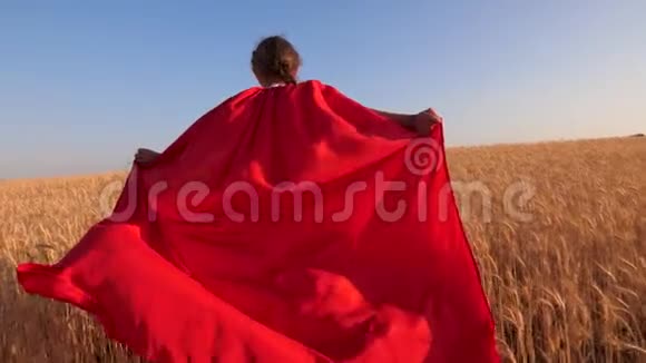 孩子穿着漂亮的红色斗篷在蓝天上跑过麦田特写镜头少女扮演红色超级英雄视频的预览图
