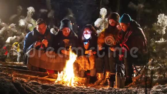 冬林之友群坐在篝火旁油炸棉花糖视频的预览图