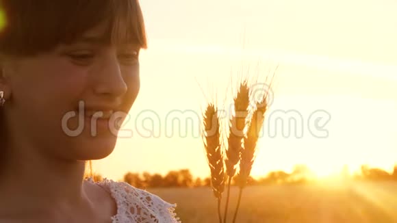 快乐的小女孩在灿烂的阳光下抱着成熟的麦穗日落时分美丽的女孩在麦田里微笑视频的预览图