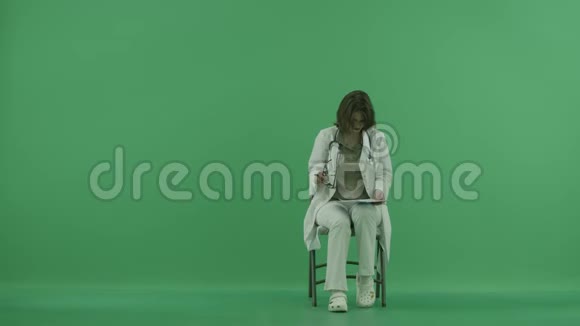 医生坐在椅子上倾听并记录在绿色的屏幕上视频的预览图