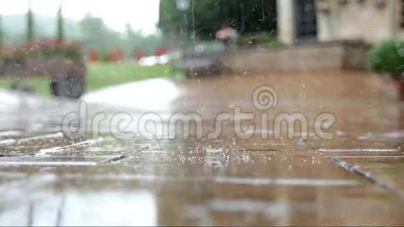 慢动作秋雨水滴淹没街道视频的预览图