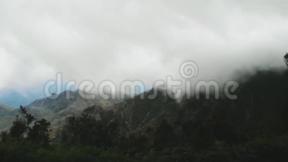 空中飞行美丽的厚厚的云层低低地飞越一个绿色的山谷在一个国家自然公园加那利群岛视频的预览图