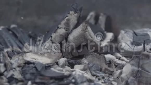 在黑色金属烤炉背景上关闭灰色余烬和飞灰行动户外篝火和燃烧的碎片视频的预览图