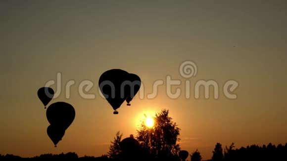 热气球降落在惊人的日落阳光穿透树木视频的预览图