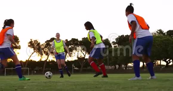 女足球运动员在足球场上打倒另一名球员4k视频的预览图