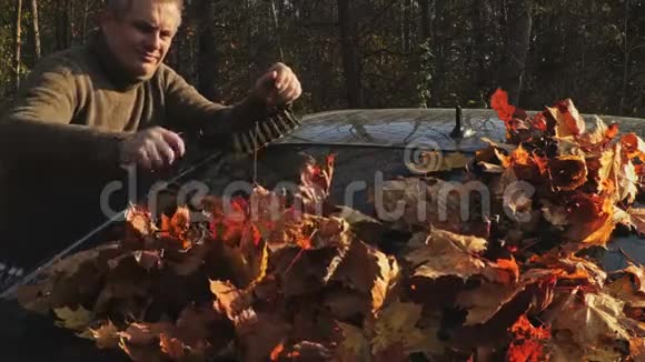 一个人从五颜六色的秋叶中清理车窗视频的预览图