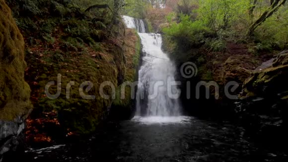 瀑布流入岩石峡谷中的一个小池塘视频的预览图