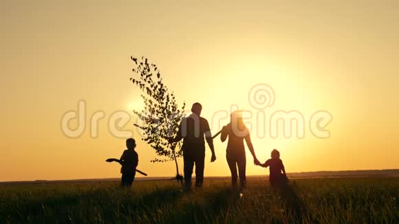 幸福与孩子紧密结合的家庭夕阳下农民在户外牵手的剪影爸爸抱着一棵小树视频的预览图