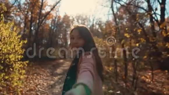 迷人的女孩在阳光明媚的秋林中拉着摄影师的手近距离观看视频的预览图