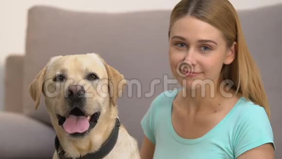 可爱的狗和快乐的年轻女人看着镜头宠物陪伴最好的朋友视频的预览图