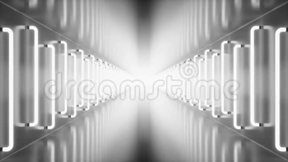循环三维动画无缝抽象未来主义白色走廊隧道与霓虹灯光芒四射未来视频的预览图