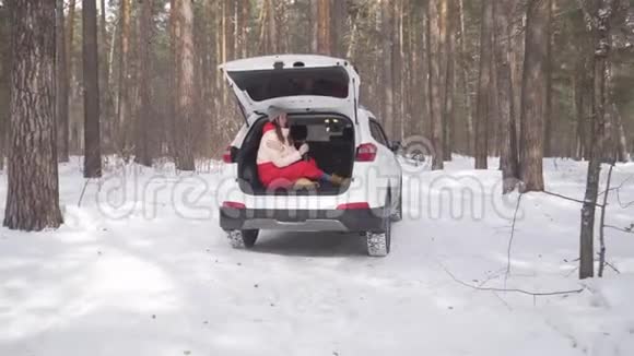 冬天的一天美丽的女孩坐着白色的车在针叶林喝茶视频的预览图