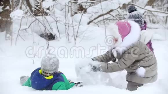 冬季森林微笑的孩子们穿着鲜艳的衣服玩雪两个小女孩埋在雪地里他们的哥哥视频的预览图