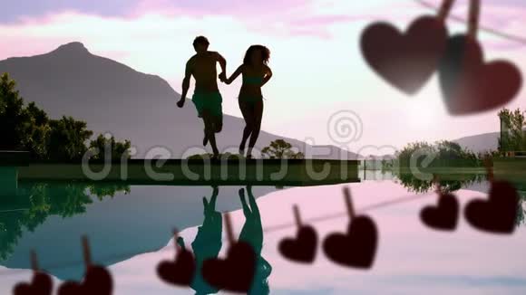 情人节快乐的一对情侣在湖中欢蹦乱跳视频的预览图