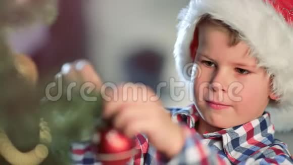 聚焦小男孩装饰圣诞树的肖像手持饰球中等特写视频的预览图